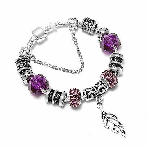 Bracelet Européen Charms - Plaqué Argent -Strass Et Feuille