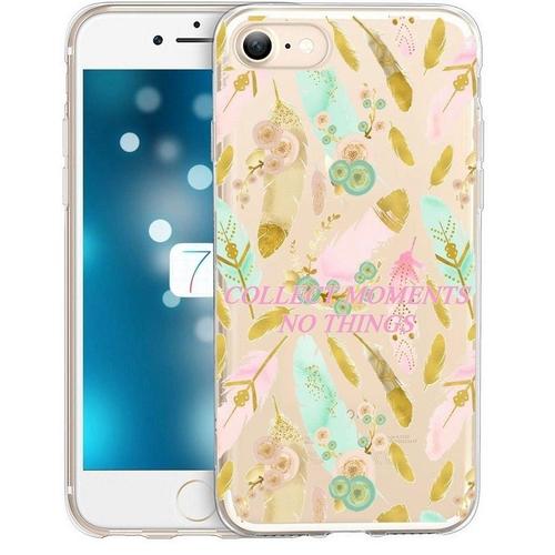 Coque Iphone 6 Plus 6s Plus Plumes Boho Chic Fleur Rose Dore Or Pastel Transparente