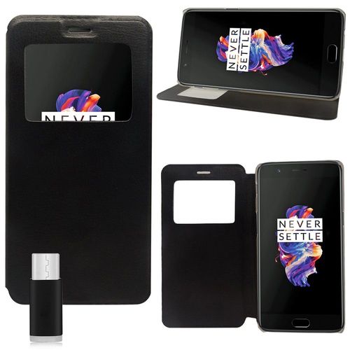 Pour Oneplus 5 A5000 5.5" : Etui Housse Plastique View Case, View Cover, Etui À Rabat - Noir + 1 Adaptateur Micro Usb 2.0 Câble À Usb 3.1 Type-C - Noir