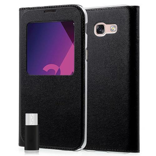 Pour Samsung Galaxy A3 (2017) 4.7" : Etui Housse Plastique View Case, View Cover, Etui À Rabat - Noir + 1 Adaptateur Micro Usb 2.0 Câble À Usb 3.1 Type-C - Noir