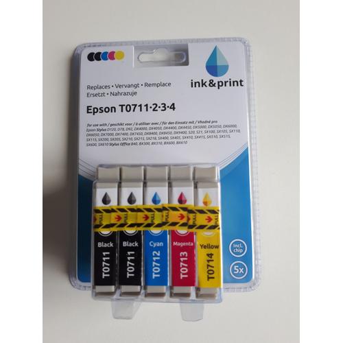 Lot de 5 cartouches compatible Epson Séries DX , SX réf des cartouches 2 noir TO711,CYAN TO712, Magenta TO713, jaune TO714