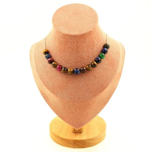 Collier 15 Perles Oeil De Tigre Multicolore 8 Mm. Chaine En Acier Collier Femmes, Hommes. Taille Personnalisable.