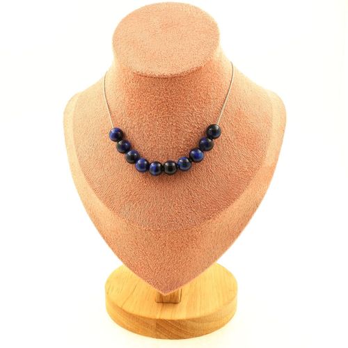 Collier 10 Perles Oeil De Tigre Bleu 8 Mm. Chaine En Acier Inoxydable Collier Femmes, Hommes. Taille Personnalisable.