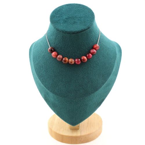 Collier 10 Perles Oeil De Tigre Pêche Bicolore 8 Mm. Chaine En Acier Collier Femmes, Hommes. Taille Personnalisable.