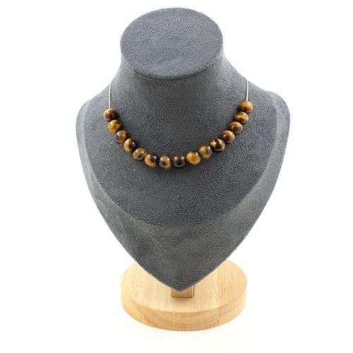 Collier 15 Perles Oeil De Tigre 8 Mm. Chaine En Acier Inoxydable Collier Femmes, Hommes. Taille Personnalisable.