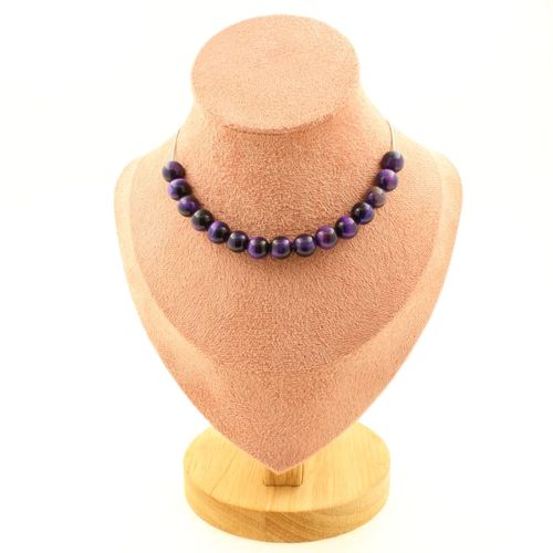 Collier 15 Perles Oeil De Tigre Violet 8 Mm. Chaine En Acier Collier Femmes, Hommes. Taille Personnalisable.