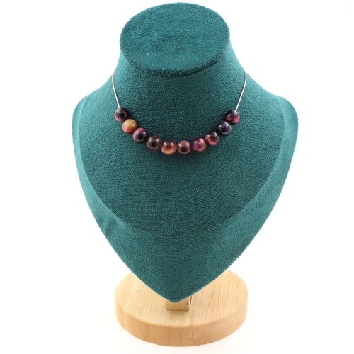 Collier 10 Perles Oeil De Tigre Violet Bicolore 8 Mm. Chaine En Acier Collier Femmes, Hommes. Taille Personnalisable.