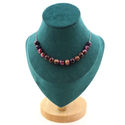 Collier 15 Perles Oeil De Tigre Violet Bicolore 8 Mm. Chaine En Acier Collier Femmes, Hommes. Taille Personnalisable.