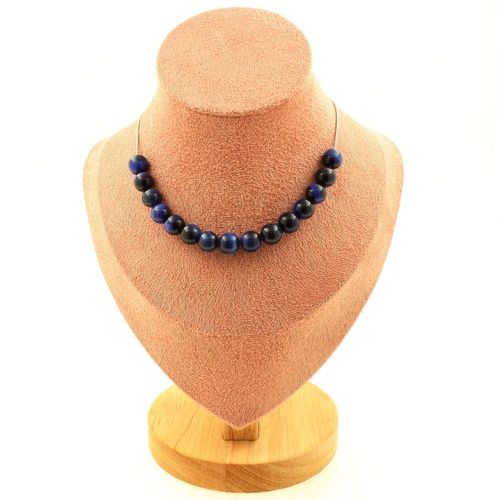 Collier 15 Perles Oeil De Tigre Bleu 8 Mm. Chaine En Acier Inoxydable Collier Femmes, Hommes. Taille Personnalisable.