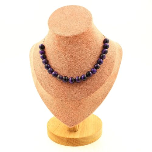 Collier 20 Perles Oeil De Tigre Violet 8 Mm. Chaine En Acier Collier Femmes, Hommes. Taille Personnalisable.