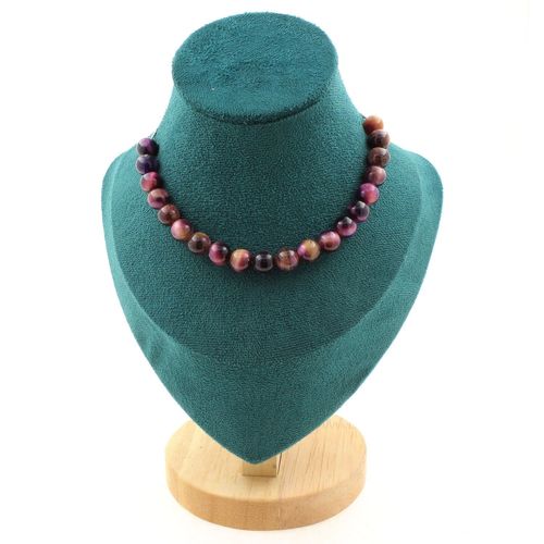 Collier 20 Perles Oeil De Tigre Violet Bicolore 8 Mm. Chaine En Acier Collier Femmes, Hommes. Taille Personnalisable.