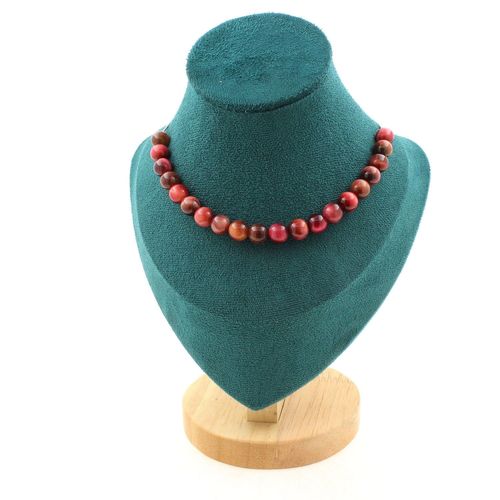 Collier 20 Perles Oeil De Tigre Pêche Bicolore 8 Mm. Chaine En Acier Collier Femmes, Hommes. Taille Personnalisable.