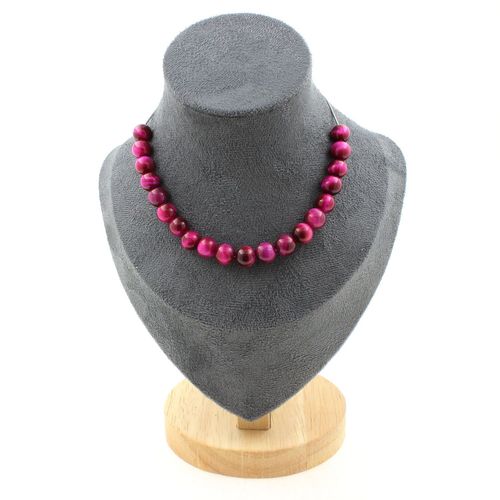 Collier 20 Perles Oeil De Tigre Fuschia 8 Mm. Chaine En Acier Collier Femmes, Hommes. Taille Personnalisable.
