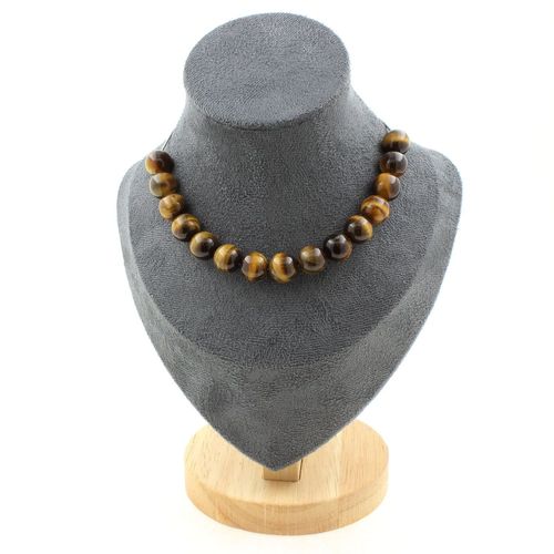 Collier 15 Perles Oeil De Tigre 10 Mm. Chaine En Acier Inoxydable Collier Femmes, Hommes. Taille Personnalisable.