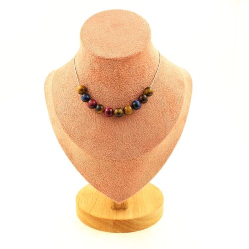 Collier 10 Perles Oeil De Tigre Multicolore 8 Mm. Chaine En Acier Collier Femmes, Hommes. Taille Personnalisable.