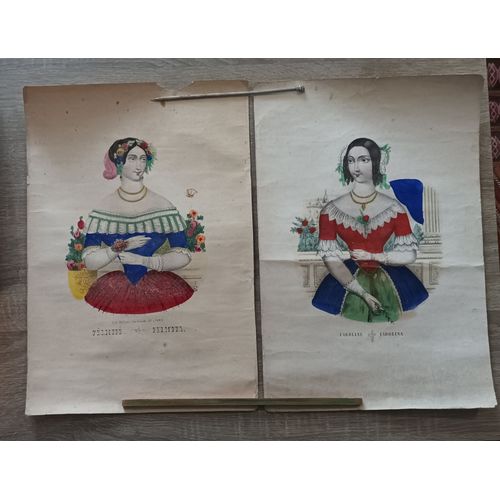 2 Lithographies En Couleurs ,Anciennes (Vers 1840) Femmes Du Monde : Félicité -Félicita Par Hollier Et Caroline- Carolina Par Vayron /Lith. Rue Galande À Paris