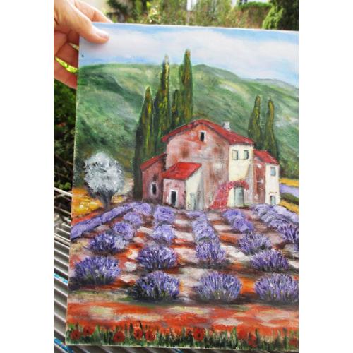 Tableau Paysage De Provence - Peinture Huile Sur Toile- Champs De Lavandes, Oliviers, Cypres, Mas En Vaucluse