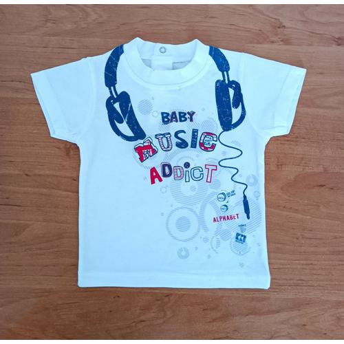T Shirt Blanc Et Bleu. Casque Audio. Baby Music Addict. Alphabet Creation. Coton. Taille 6 Mois