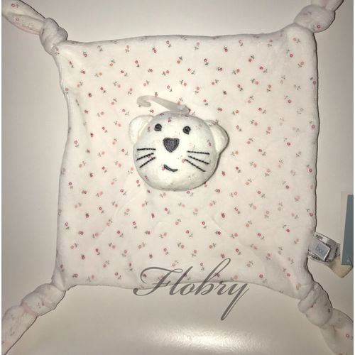 Doudou Chat Plat Bout'chou Blanc Fleurs Roses Peluche Jouet Bébé Boutchou
