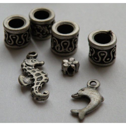 Lot 7 Perles Diverses Métal Gris Argenté Breloque Dauphin, Fleur, Hippocampe Loisirs Créatifs