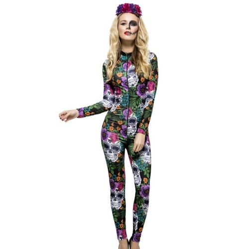 Déguisement Combinaison Squelette Coloré Femme Dia De Los Muertos Medium