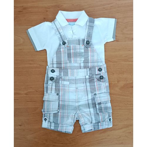 Ensemble Salopette A Carreaux Et Polo Blanc. Gemo. Coton. 6 Mois