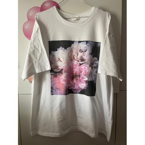 T-Shirt Blanc Fleuris - Femme Taille L - H&m