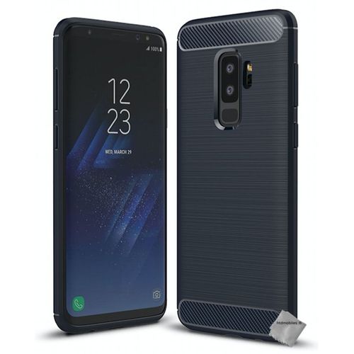 Housse Etui Coque Silicone Gel Carbone Pour Samsung Galaxy S9+ Plus + Verre Trempe - Bleu Fonce
