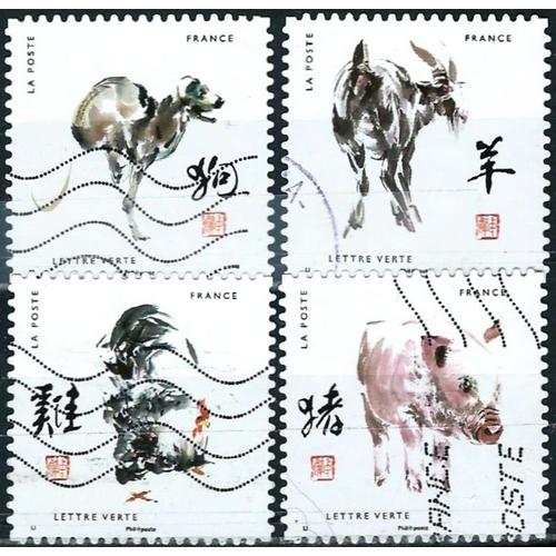 France 2017, Série Signes Astrologiques Chinois, Beaux Timbres Yvert 1381 La Chèvre, 1383 Le Coq, 1384 Le Chien Et 1385 Le Cochon, Oblitérés, Tbe.