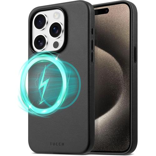 Coque Pour Iphone 15 Pro Cuir Synthétique Aimants Intégrés Chargeur Induction Sans Fil Antichoc Anti-Rayures Antidérapant Housse Arrière Fin Protection Pour Iphone 15 Pro 5g 6,1 2023 - Noir