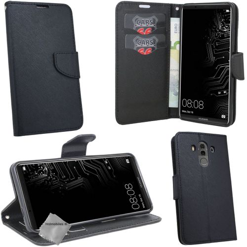 Housse Etui Coque Pochette Portefeuille Pour Huawei Mate 10 Pro + Verre Trempe - Noir / Noir