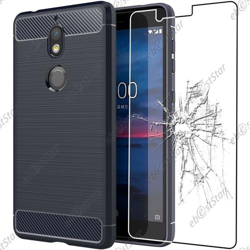 Ebeststar ® Pour Nokia Nokia 7 - Coque Pochette Motif Fibre Carbone Luxe 2 Barres Horizontales Etui Housse Silicone Gel Coussins D'air + Film En Verre Trempé, Couleur Bleu Foncé [Note Importante Lire Description]