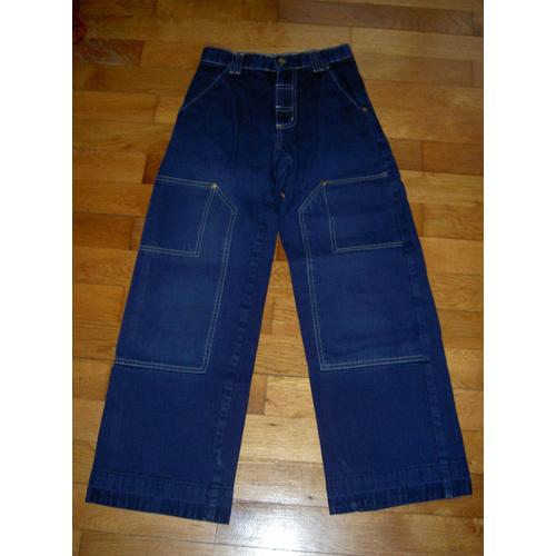 Pantalon Jean Coupe Droite Style Treillis Bleu Marine Uni Avec Poche Sur Jambe Coutures Jaunes Edeis Taille 10 Ans