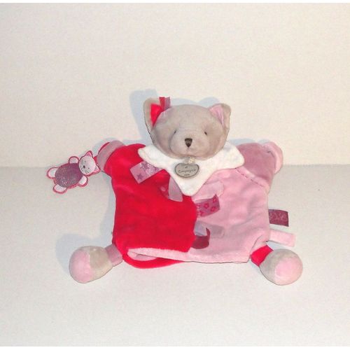 Doudou Et Compagnie Marionnette Chat Ours Etiquette Rose Rose Fuschia Beige Doudou 28cm