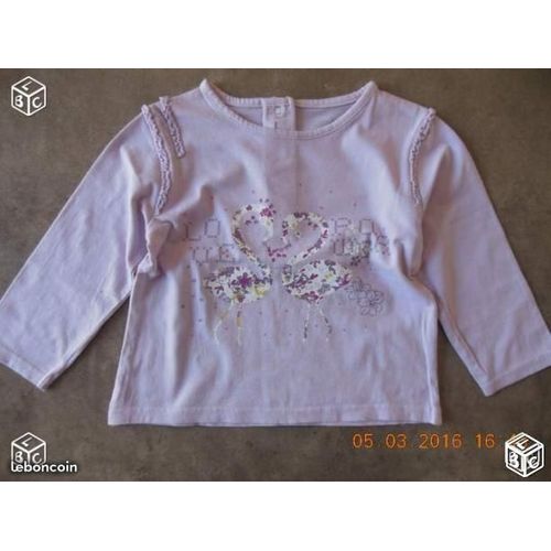 Tee Shirt À Manches Longues, Mauve, Motif Pélicans - T 18 Mois