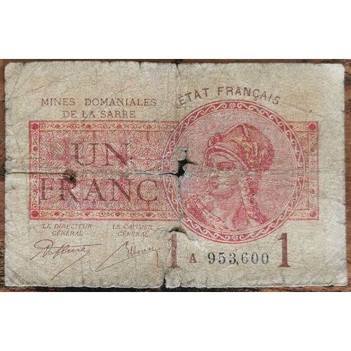 Billet De 1 Franc Mines Domaniales De La Sarre État Français A 953600 Cf Photos