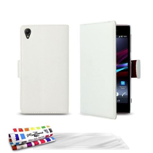 Etui À Rabat Sony Xperia Z1 Blanc White Folio Cuir Simili (Pu) + 3 Films