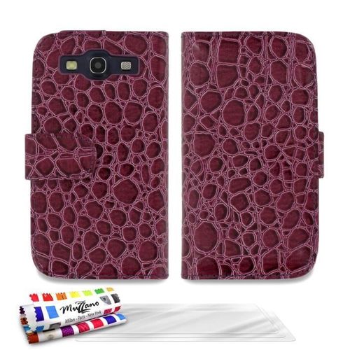 Etui À Rabat Samsung Galaxy S3 Violet Croco Cuir Simili (Pu) + 3 Films