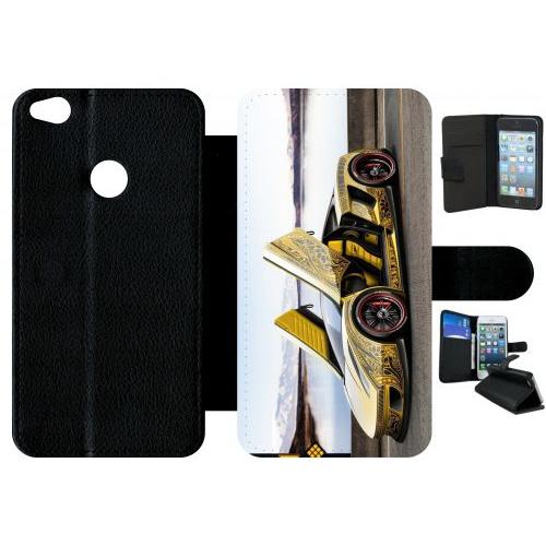 Etui A Rabat - Tuning Voiture Jaune - Compatible Avec Huawei P8 Lite (2017) - Plastique - Bord Noir