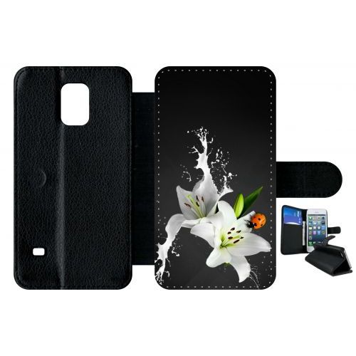 Etui A Rabat - Lys Blanc Coccinelle Sur Fond Gris - Compatible Avec Samsung Galaxy S5 - Plastique - Bord Noir