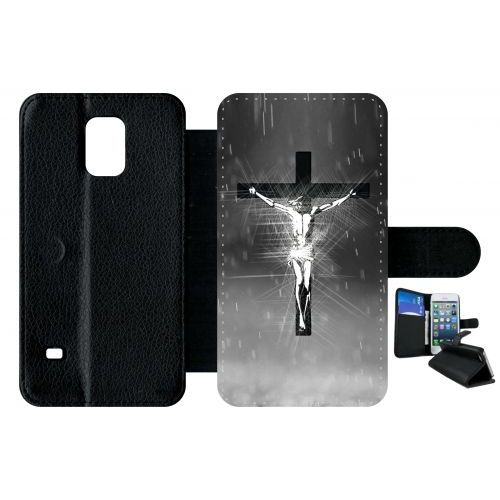 Etui A Rabat - Jésus Croix Noir Et Blanc - Compatible Avec Samsung Galaxy S5 - Plastique - Bord Noir