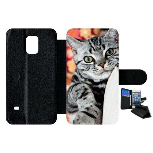 Etui A Rabat - Chat Tigré Gris Yeux Vert - Compatible Avec Samsung Galaxy S5 - Plastique - Bord Noir