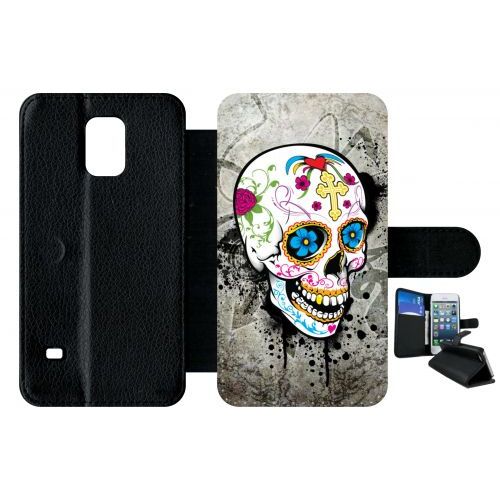 Etui A Rabat - Skull Fleur Bleu Fond Gris - Compatible Avec Samsung Galaxy S5 - Plastique - Bord Noir