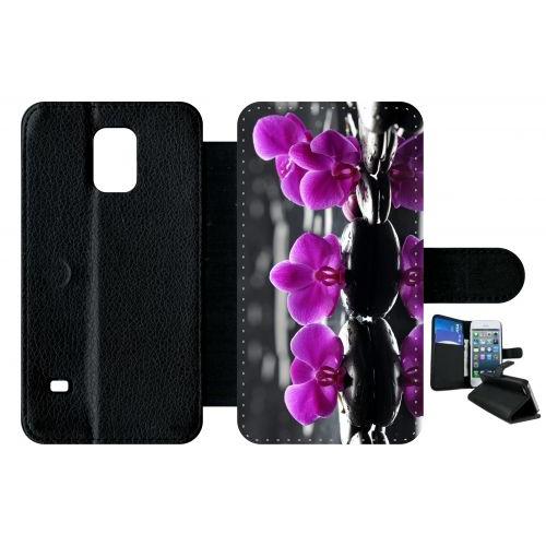 Etui A Rabat - Orchide Violette Fond Gris - Compatible Avec Samsung Galaxy S5 - Plastique - Bord Noir