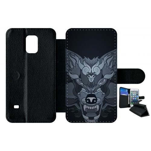 Etui A Rabat - Loup Fond Gris - Compatible Avec Samsung Galaxy S5 - Plastique - Bord Noir