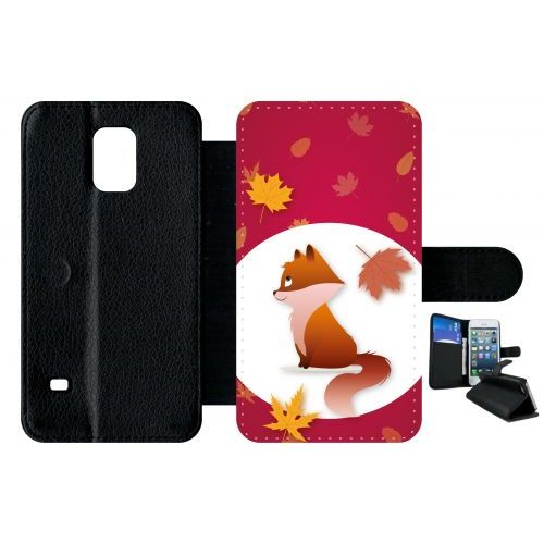 Etui A Rabat - Renard Fond Rouge - Compatible Avec Samsung Galaxy S5 - Plastique - Bord Noir