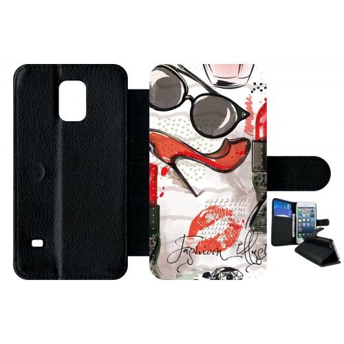 Etui A Rabat - Motif Girly Fond Blanc - Compatible Avec Samsung Galaxy S5 - Plastique - Bord Noir