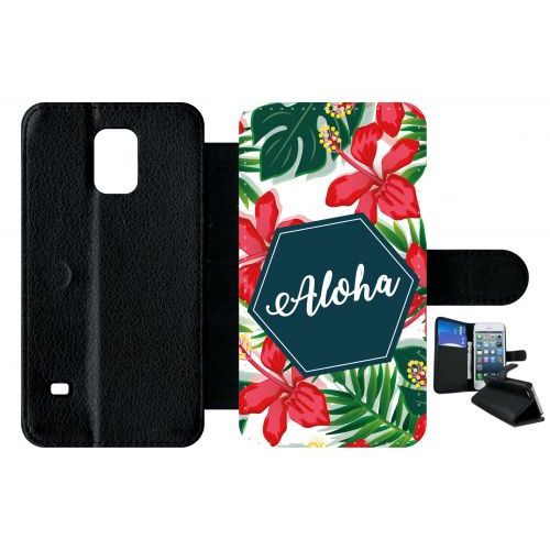 Etui A Rabat - Aloha Tropical Fond Blanc - Compatible Avec Samsung Galaxy S5 - Plastique - Bord Noir