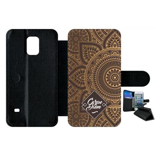 Etui A Rabat - Carpe Diem Modif Orient Fond Marron - Compatible Avec Samsung Galaxy S5 - Plastique - Bord Noir