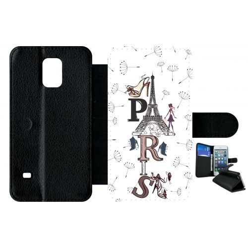 Etui A Rabat - Paris Fond Blanc - Compatible Avec Samsung Galaxy S5 - Plastique - Bord Noir